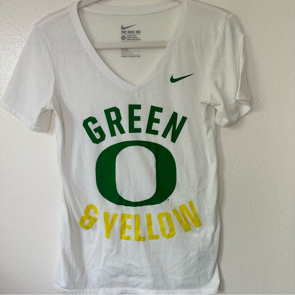 Nike Women's White Tee with Green and Yellow Graphic